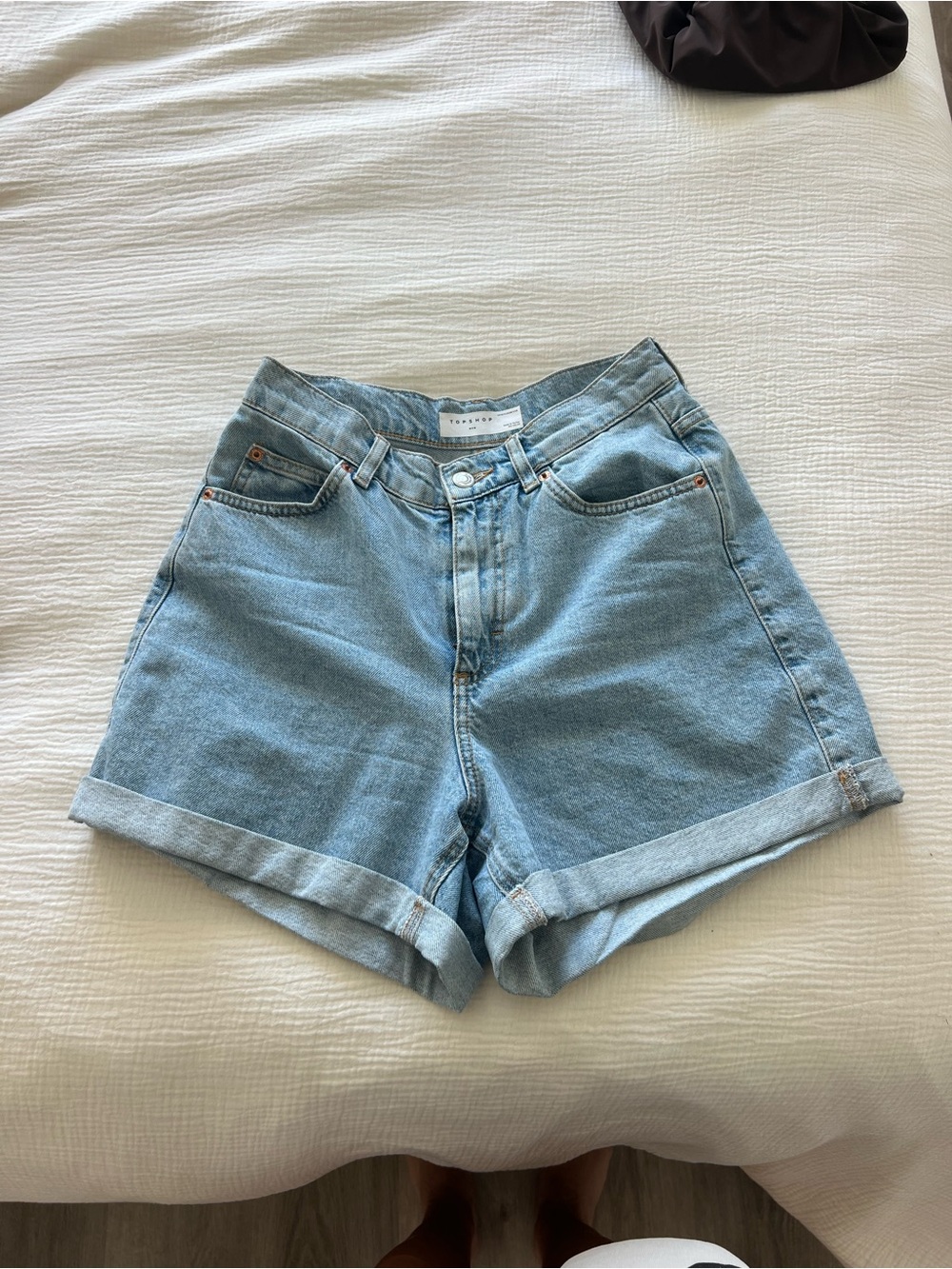Topshop Light Wash High-Rise Mom Jean shorts